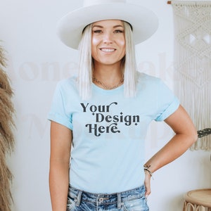 Bella Canvas 3001 Mockup | Bella Canvas Heather Ice Blue Shirt | Blue Tshirt Mockup | Heather Ice Blue Mockup | Model Mockup | Boho Mockup