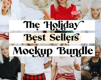 Op de afbeelding: Een collage van afbeeldingen met verschillende kledingmockups, waaronder een wit T-shirt, een rood T-shirt, een roze T-shirt, een zwart tanktop en een zwarte hoodie. De tekst "The Holiday Best Sellers Mockup Bundle" is over de afbeeldingen gelegd.