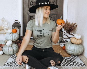 Heather Olive Bella Canvas 3001 Mockup | Fall Shirt Mockup | Autumn Mockup | Fall T-Shirt Mockup | Fall Mockup | Halloween Mock Up