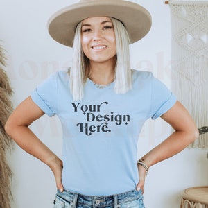 Bella Canvas 3001 Mockup | Bella Canvas Light Blue Shirt | Light Blue Tshirt Mockup | Light Blue Mockup | Model Mockup | Boho Mockup