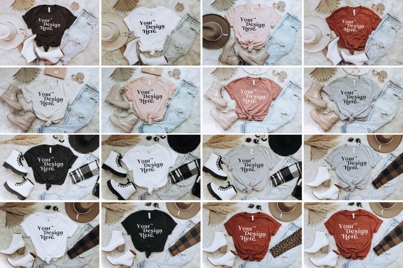 May include: A collection of 10 different t-shirt mockups featuring various colors and styles. Each mockup includes a t-shirt, jeans, and accessories like hats, boots, and scarves. The t-shirts all feature the text "Your Design Here" in white.