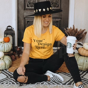 Gold Bella Canvas 3001 Mockup | Bella Canvas Gold | Fall Shirt Mockup | Autumn Mockup | Fall T-Shirt Mockup | Fall Mockup | Halloween Mockup