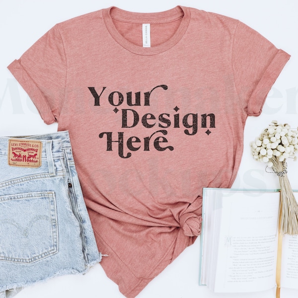 Bella Canvas 3001 Mockup | Bella Canvas Heather Mauve Shirt | Summer Mockup | Pink Shirt Mockup | Flat Lay Mockup | Minimalist Mockup