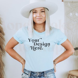 Bella Canvas 3001 Mockup | Bella Canvas Heather Ice Blue Shirt | Blue Tshirt Mockup | Heather Ice Blue Mockup | Model Mockup | Boho Mockup
