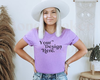 Bella Canvas 3001 Mockup | Bella Canvas Team Purple Shirt | Purple Tshirt Mockup | Team Purple Mockup | Model Mockup | Boho Mockup