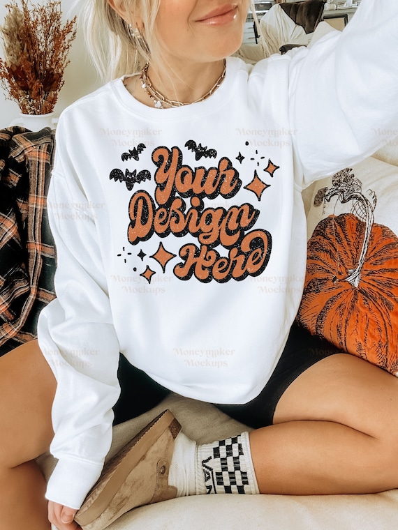 Halloween Mockup White Gildan 18000 Mockup | Gildan 18000 Sweatshirt Mockup | Halloween Shirt Mockup | Oversized Mockup | Trendy Mockup