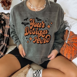 Halloween Mockup Comfort Colors 1566 Pepper Mockup | Fall Mockup | Grey Sweatshirt Mockup | Halloween Sweatshirt Mockup | Sweatshirt Mockup