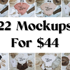 May include: A set of 22 mockups featuring various t-shirt designs with the text "Your Design Here" on a white, black, pink, and beige t-shirt. The mockups feature different backgrounds and accessories, including hats, jeans, and sandals.
