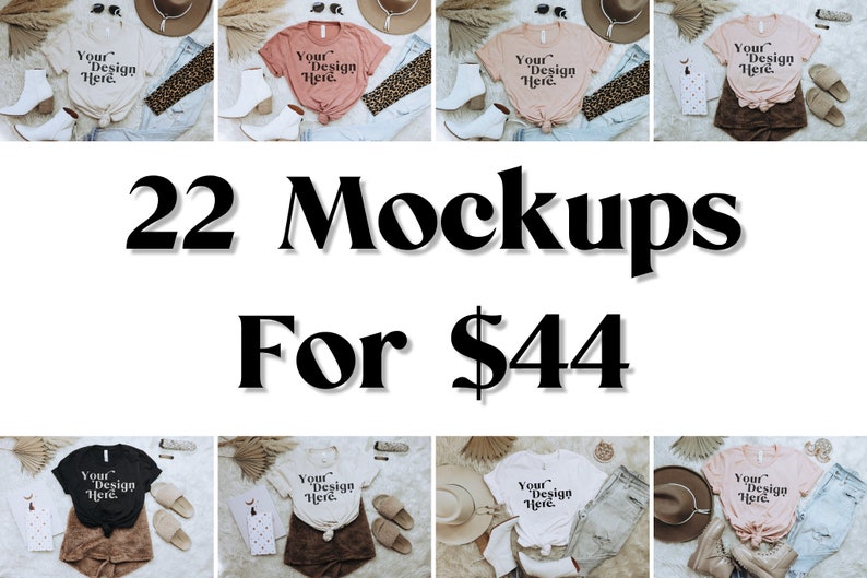 May include: A set of 22 mockups featuring various t-shirt designs with the text "Your Design Here" on a white, black, pink, and beige t-shirt. The mockups feature different backgrounds and accessories, including hats, jeans, and sandals.