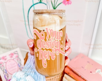 Glasdosen Mockup | 16 Unzen Glasdose Mockup | Libbey Glas Mockup | Bücherwurm Mockup | Frühling Mockup | Pastell Mockup | Cottagecore Mockup