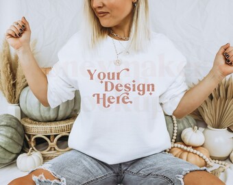 White Gildan 18000 Mockup | Fall Hoodie Mockup | Autumn Mockup | Fall Shirt Mockup | Fall Mockup | Halloween Mockup | Sweatshirt Mockup