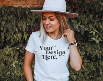 Bella Canvas 3001 Mockup | Bella Canvas White Shirt | White Shirt Mockup | Lifestyle Mockup | Model Mockup | Boho Mockup | Nature Mockup