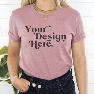 Bella Canvas 3001 Mockup | Bella Canvas 3001 Heather Mauve Shirt | Heather Mauve Shirt Mockup | Model Mockup | Boho Mockup | Minimal Mockup