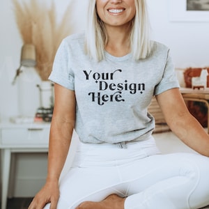Bella Canvas 3001 Mockup | Bella Canvas Athletic Heather Shirt | Pajama Shirt Mockup | Model Mockup | Bedroom Shirt Mockup | Pajama Mockup