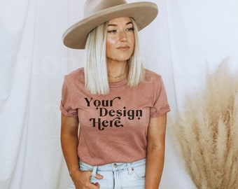 Bella Canvas 3001 Mockup | Heather Mauve T-Shirt | Model Mockup