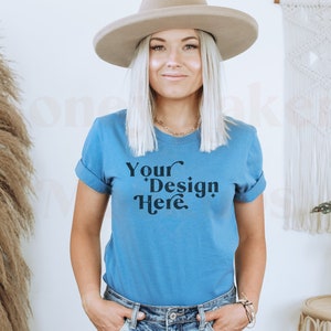 Bella Canvas 3001 Mockup | Bella Canvas Steel Blue Shirt | Blue Tshirt Mockup | Steel Blue Mockup | Model Mockup | Boho Mockup | Boho Mock