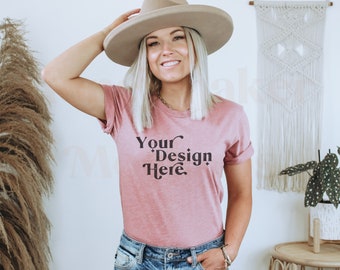 Bella Canvas 3001 Mockup | Heather Mauve Bella Canvas 3001 Mockup | T-Shirt Mockup | Model Mockup | Boho Mockup | Lifestyle Mock