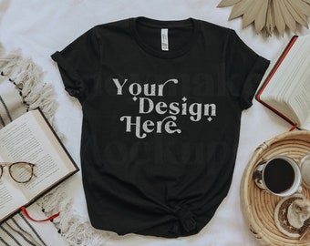 Bella Canvas 3001 Mockup | Bella Canvas Black Shirt | Flat Lay Tshirt Mockup | Bookworm Mockup | Book Lovers Mockup | Lifestyle Mock