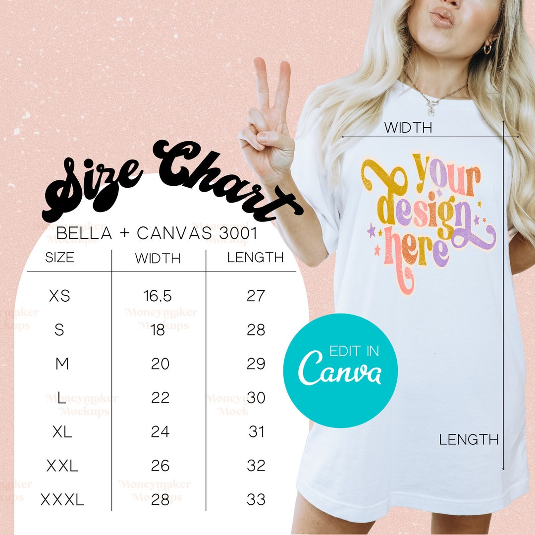 Oversized Shirt Size Chart | Oversized Bella Canvas 3001 Mockup | Size ...