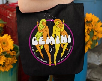 Gemini Zodiac Tote Bag, Gemini Constellation Stars 70s Zodiac Astrology Horoscope Beach Bag, Gemini Travel Bag, Gemini Reusable Grocery Bag