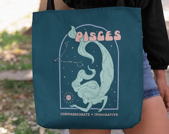 Pisces Zodiac Tote Bag, Pisces Constellation Stars 70s Zodiac Astrology Horoscope Beach Bag, Pisces Travel Bag, Pisces Reusable Grocery Bag