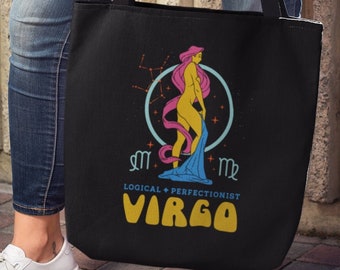 Virgo Zodiac Tote Bag, Virgo Constellation Stars 70s Zodiac Astrology Horoscope Beach Bag, Virgo Travel Bag, Virgo Reusable Grocery Bag