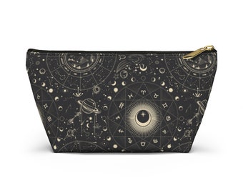 Zodiac Astrological Boho Bohemian Zippered Accessory Pouch w T-bottom, Evil Eye Celestial Sun Moon Phases Stars Planets Occult Witch