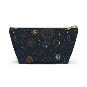 Celestial Sun Moon Boho Bohemian Zippered Accessory Pouch w T-bottom, Evil Eye Astrological Stars Planets Occult Witch Makeup Bag