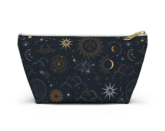 Celestial Sun Moon Boho Bohemian Zippered Accessory Pouch w T-bottom, Evil Eye Astrological Stars Planets Occult Witch Makeup Bag