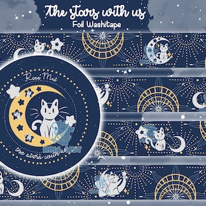 Katzen-Washi-Tape, Goldfolien-Washi-Tape, Kätzchen-Washi-Tape, Original-Kunst, süßes Kätzchen, Stern, Sternbilder, Katzen-Masking-Tape, OC, Washi-Tape