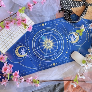 Cat Mousepad, Kitty mousepad, gold detail, original art, cute kitty, Star, constellations, aesthetic, astral, cute cat, kawaii art, setup