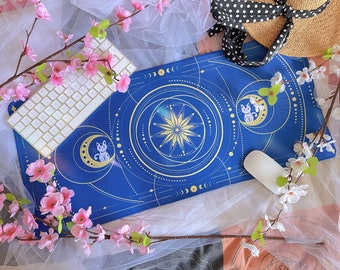 Cat Mousepad, Kitty mousepad, gold detail, original art, cute kitty, Star, constellations, aesthetic, astral, cute cat, kawaii art, setup