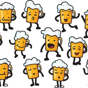 May include: A set of 10 cartoon beer mugs with different facial expressions. The mugs are yellow with white foam and have black eyes, mouths, and arms.
