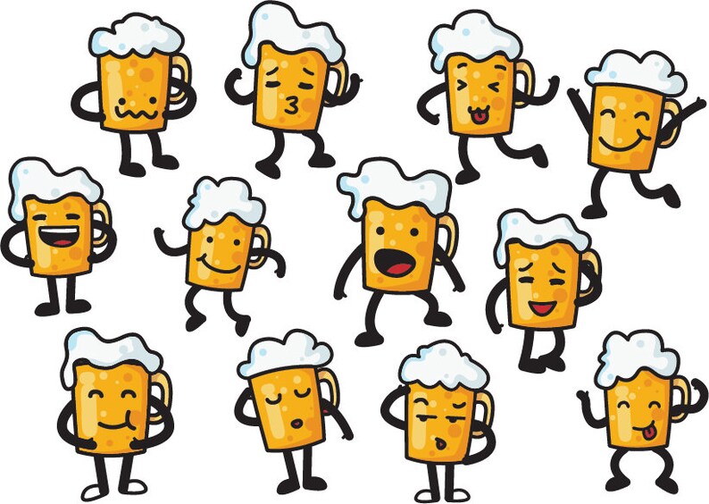May include: A set of 10 cartoon beer mugs with different facial expressions. The mugs are yellow with white foam and have black eyes, mouths, and arms.