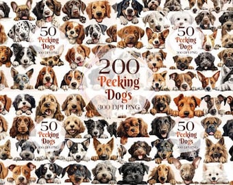 May include: A digital collage of 200 illustrated images of dogs peeking over a white surface. The dogs are of various breeds and colors, and they are all looking at the viewer. The text "200 Peeking Dogs" is written in brown letters on a white background.