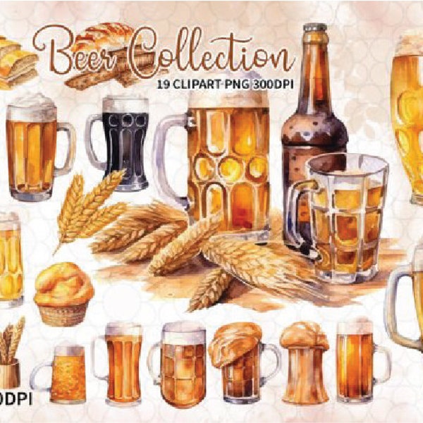 Beer Watercolor Clipart Bundle - 102 Beers PNG Printable Images, Lager and Ale Graphics, PNG, Instant Digital Download, Commercial Use