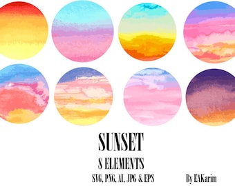 Sunset Clipart Bundle, Watercolor Sky, SVG, PNG, Ai, Eps, Jpg (Digital Download)