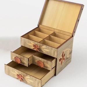 Boîte à bijoux découpée au laser avec tiroirs, boîte à bijoux pour femme, boîte-cadeau en bois, fichiers vectoriels pour fichier de découpe laser en bois