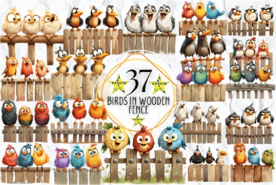 FUNNY BIRDS In Wooden Fence Clipart Bundle, Funny Cute Bird Png Bundle, Watercolor Birds Clipart Png, Funny Birds Sublimation Png.