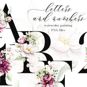Imágenes prediseñadas del alfabeto floral de acuarela, iniciales de monograma PNG, letras boho, números florales de primavera, decoración de bodas, maquetas