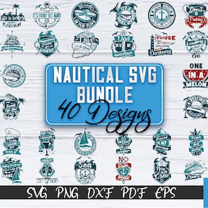 Puede incluir: Un paquete de diseño gráfico azul y blanco con 40 diseños SVG de temática náutica. Los diseños presentan anclas, barcos, conchas marinas y otras imágenes náuticas. El texto "Nautical SVG Bundle 40 Designs" se muestra en una pancarta azul.