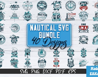 May include: A blue and white graphic design bundle with 40 nautical themed SVG designs. The designs feature anchors, boats, seashells, and other nautical imagery. The text "Nautical SVG Bundle 40 Designs" is displayed in a blue banner.