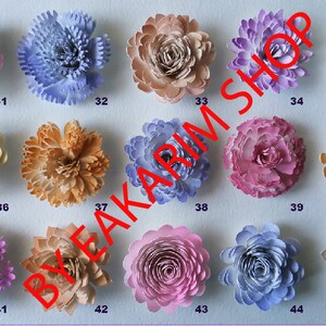 May include: A collection of 15 paper flowers in various colors, including pink, purple, blue, yellow, and brown. The flowers are arranged in rows of five, with numbers 31 through 45 printed below each flower.