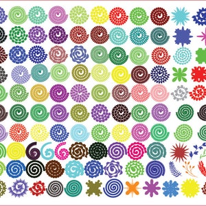 K&ouml;nnte beinhalten: Eine Sammlung bunter Papierbastelformen, darunter Spiralen, Blumen und Sterne. Die Formen bestehen aus Papier, das gerollt und in verschiedene Designs geschnitten wurde.