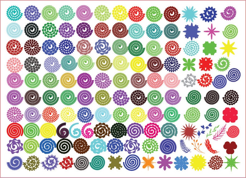 K&ouml;nnte beinhalten: Eine Sammlung bunter Papierbastelformen, darunter Spiralen, Blumen und Sterne. Die Formen bestehen aus Papier, das gerollt und in verschiedene Designs geschnitten wurde.