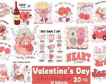 May include: A set of 20 Valentine's Day themed digital illustrations featuring various designs, including a heart-shaped pizza, a wine bottle, a popcorn bucket, a pair of slippers, a frog, a car, and a highland cow. The illustrations are in a cartoon style and feature bright colors and playful designs.
