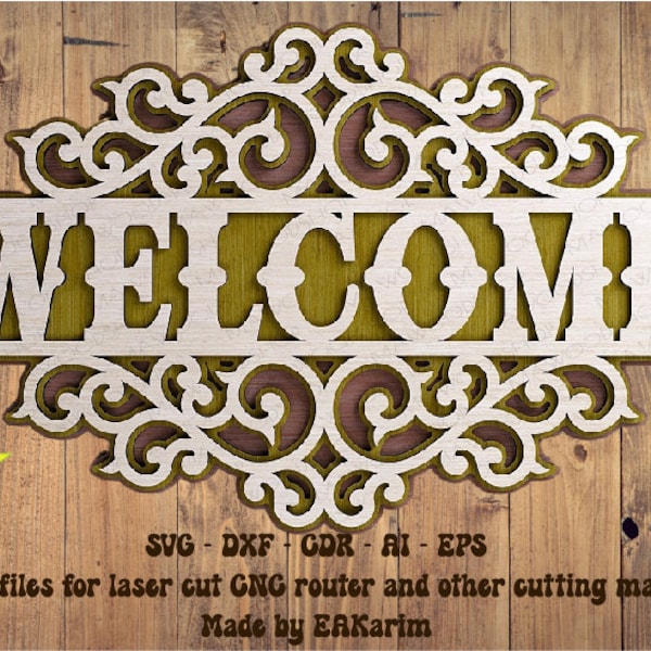 3D Welcome Laser cut multilayer, welcome sign wall art CDR File glowforge Laser Cnc Cut Svg files, all sticker engraving decal silhouette