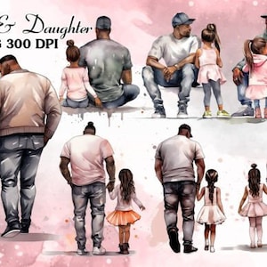 Vatertag Aquarell Clipart, schwarze Dad und Tochter Aquarell Clipart, Vatertag, Vater Clipart, Wandkunst, Vater und Tochter.