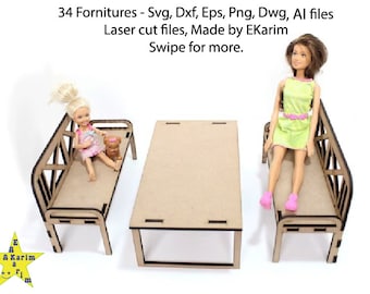 Laser Cut Dollhouse Furniture full set Miniature Chair Table Bed, Laser cut files, Wooden, Glowforge, Digital files, Instant download.