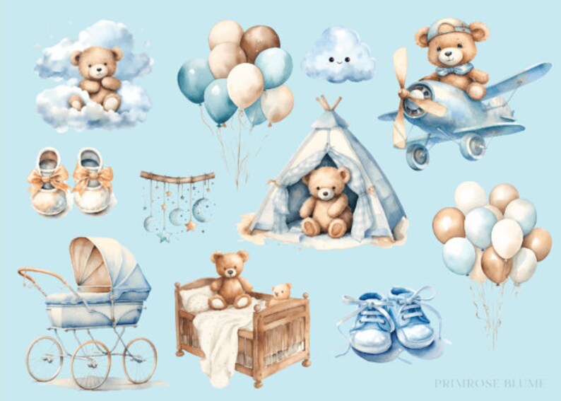 Sweet Baby Boy, Blue Teddy Bear Clipart Bundle - Watercolor Baby Shower ...